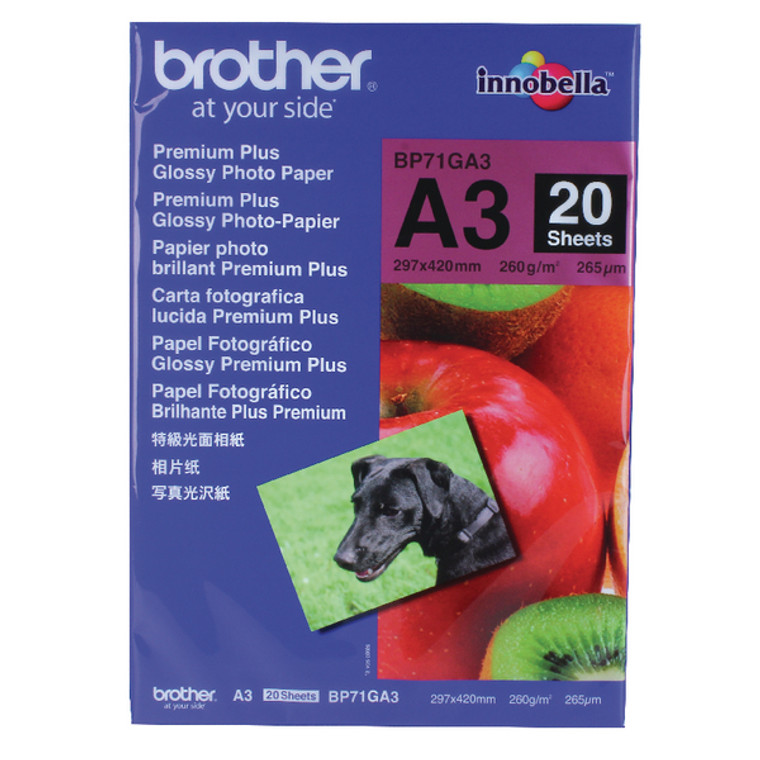 BA65840 Brother Inkjet Premium Plus Photo Paper A3 260gsm Glossy Pack 20 BP71GA3