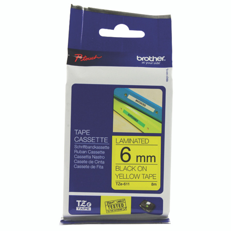 BA8070 Brother P-Touch 6mm Black on Yellow TZE611 Labelling Tape
