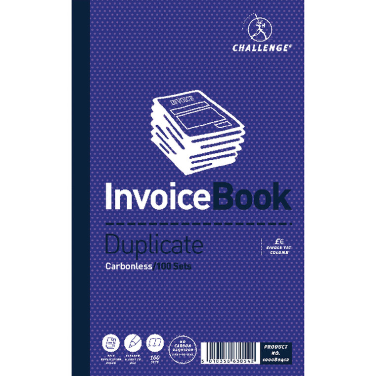 JDB63054 Challenge Duplicate Invoice Single VAT Column Book 100 Sets 210 x 130mm Pack 5 100080412