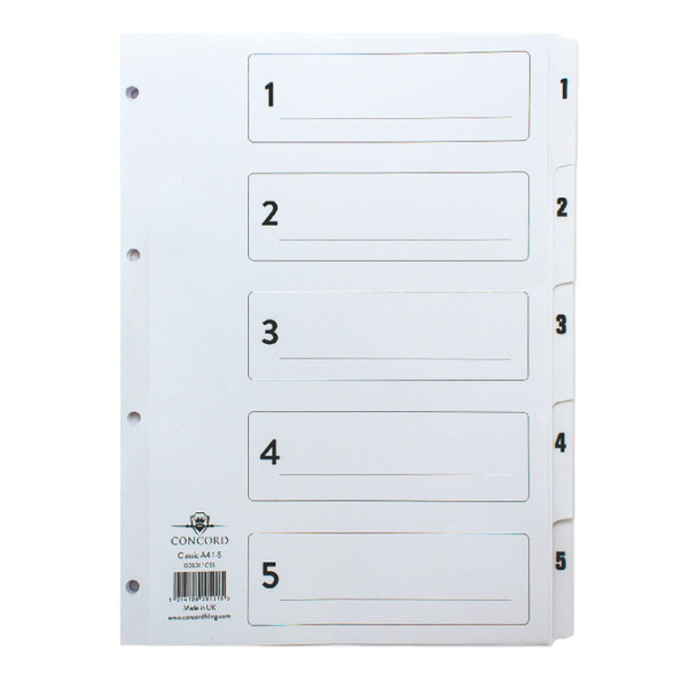 JTCS5 Concord Classic Index 1-5 A4 White Board Clear Mylar Tabs 00501 CS5