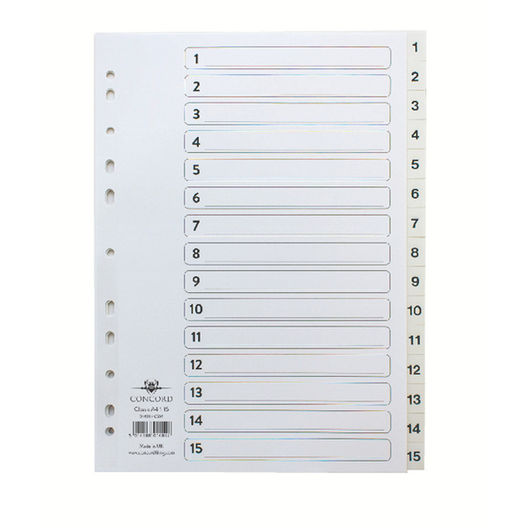 JTCS14 Concord Classic Index 1-15 A4 White Board Clear Mylar Tabs 01401 CS14