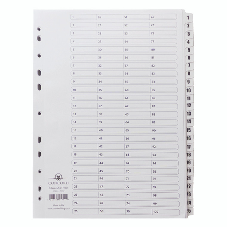 JTCS57 Concord Classic Index 1-100 A4 White Board Clear Mylar Tabs 05701 CS57