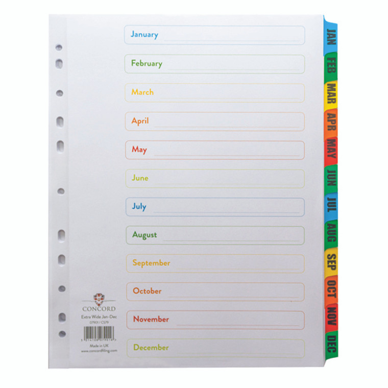 JT07901 Concord Index Jan-Dec A4 Extra Wide Multicoloured Tabs 07901 CS79