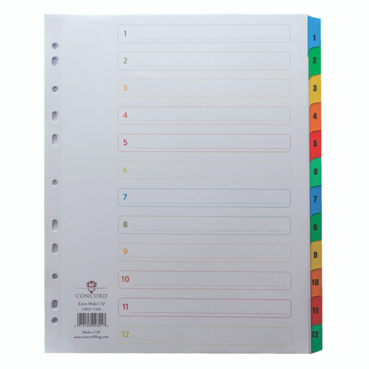 JT09801 Concord Index 1-12 A4 Extra Wide Multicoloured Mylar Tabs 09801 CS98