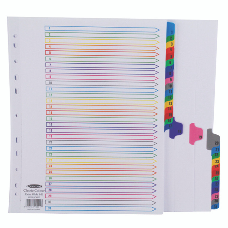 JT10001 Concord Index 1-31 A4 Extra Wide Multicoloured Mylar Tabs 10001 CS100