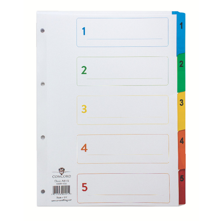 JTCS2 Concord Index 1-5 A4 White with Multicoloured Mylar Tabs 00201 CS2