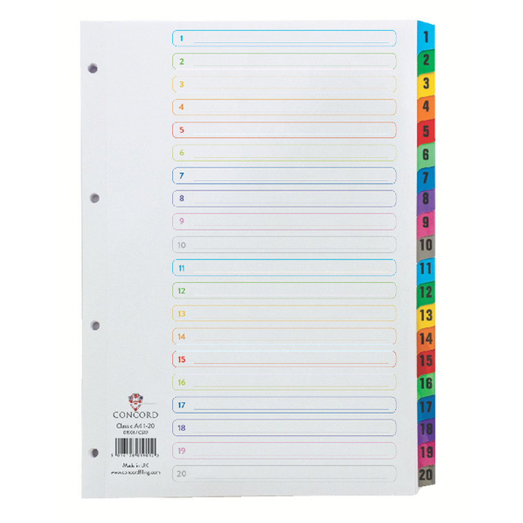 JTCS19 Concord Index 1-20 A4 White with Multicoloured Mylar Tabs 01901 CS19