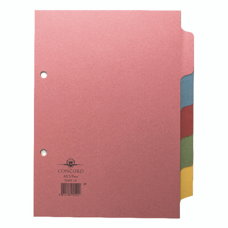 JT705991 Concord Divider 5-Part A5 160gsm Pastel Colours 70599 J5