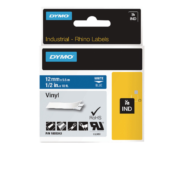 ES18905 Dymo 18444 Rhino Black on White Label Printer Tape 12mm S0718600