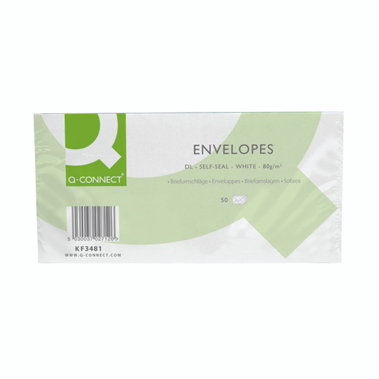 KF02712 Q-Connect DL Envelopes Plain Wallet Self Seal 80gsm White Pack 20 x 50 KF02712