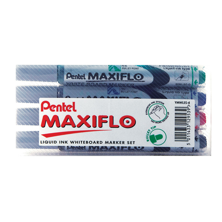 PE12953 Pentel Maxiflo Whiteboard Marker Fine Assorted Pack 4 YMWL5S-4