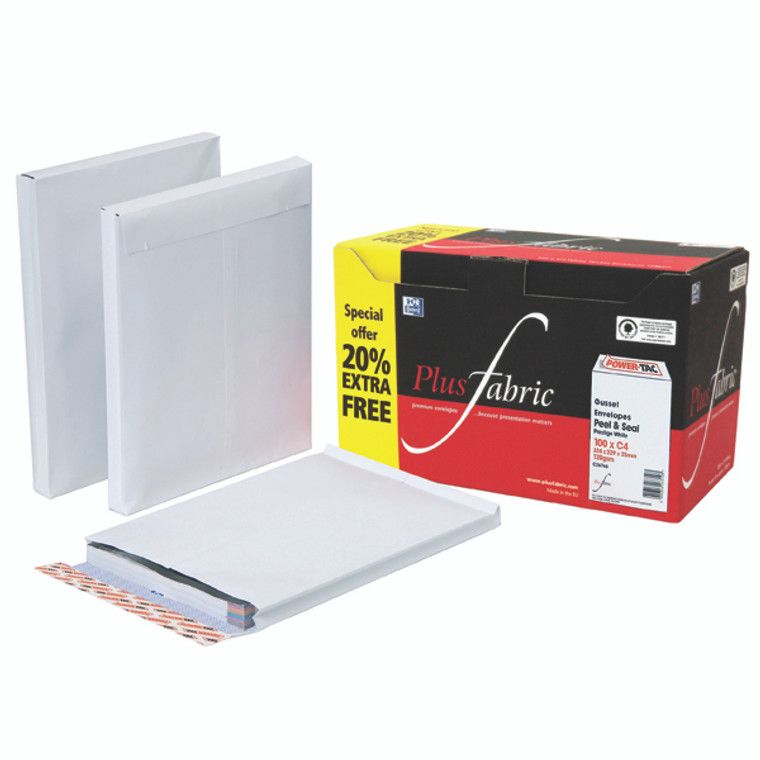 JDC26766 Plus Fabric Gusset C4 Envelopes Peel Seal 120gsm White Pack 100 C26766