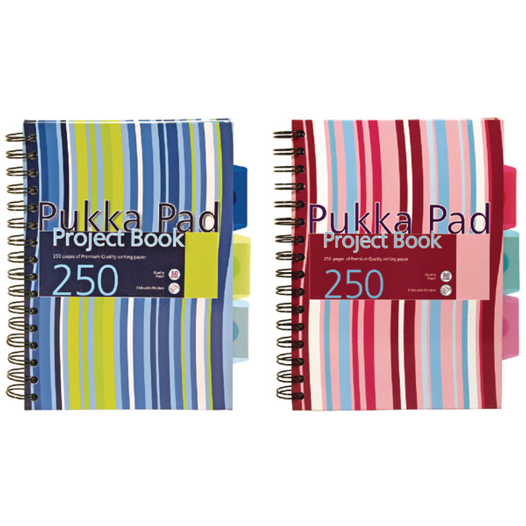 PP00659 Pukka Pad Stripes Wirebound Hardback Project Notebook 250 Pages A5 Blue Pink Pack 3 CBPROBA5