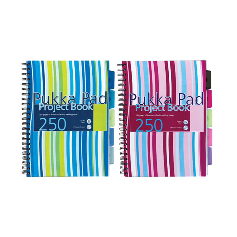 PP00261 Pukka Pad Stripes Polypropylene Project Book 250 Pages A4 Blue Pink Pack 3 PROBA4