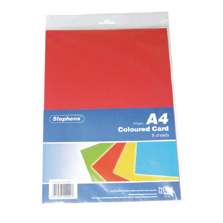 RS24245 Stephens A4 Coloured Card 210gsm Assorted Colours 8 Sheets Pack 10 RS242451