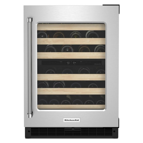 Kitchenaid® Cellier sous le comptoir avec porte en verre et porte-bouteilles à devant en bois - 24 po KUWR214KSB