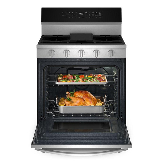 Whirlpool® Cuisinière au gaz intelligente de 30 pouces avec technologie de cuisson à air, auto-nettoyage/netoyage à la vapeur, préchauffage rapide avec capacité de 5.3 pi cu WFGS7530RZ