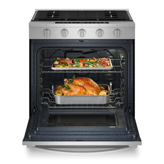 Whirlpool® Cuisinière au gaz intelligente à commandes frontales de 30 pouces avec technologie de cuisson à air, vapeur/auto-nettoyage, préchauffage à grande vitesse et capacité de 5.3 pi cu WSGS7530RZ
