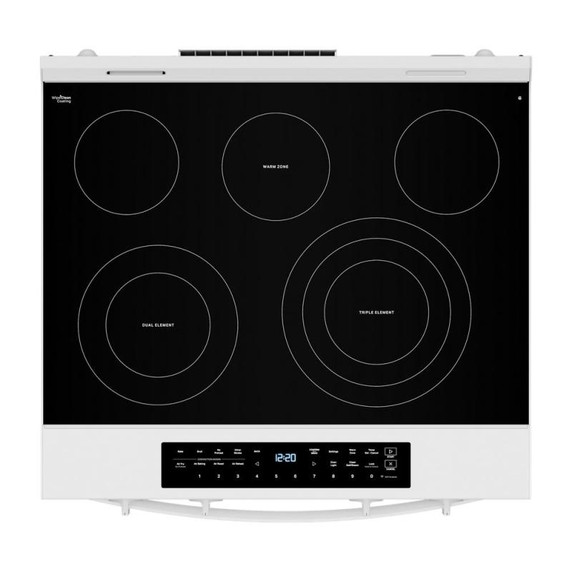 Whirlpool® Cuisinière électrique inteligente à commandes frontales de 30 pouces avec technologie de cuisson à air, revêtement WipeClean™, vapeur/auto-nettoyage, préchauffage à grande vitesse et capacité de 5.3 pi cu YWSES7530RW