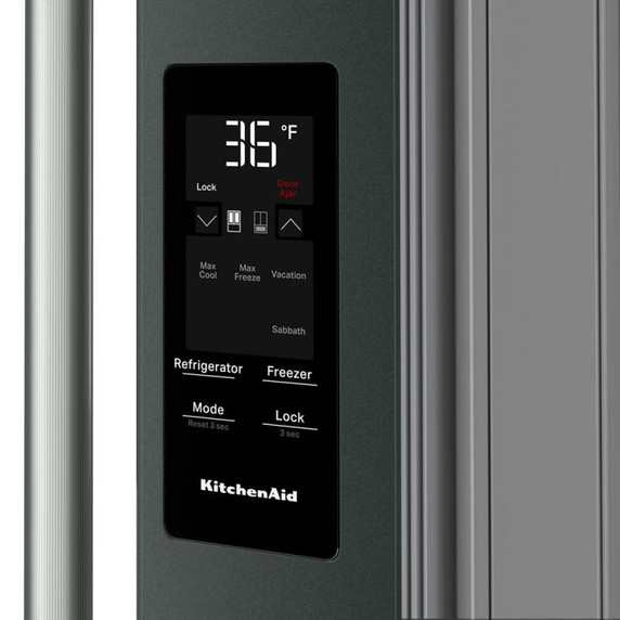 Kitchenaid® Réfrigérateur à portes françaises avec distributeur d’eau et de glaçons extérieur et tiroir réfrigéré pleine largeur FreshChill™ - 29 pi cu KRMF436SJP