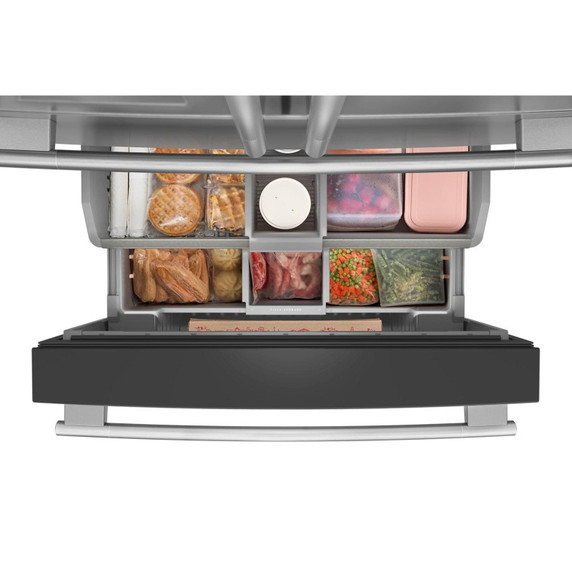 Kitchenaid® Réfrigérateur à portes françaises avec distributeur d’eau et de glaçons extérieur et tiroir réfrigéré pleine largeur FreshChill™ - 29 pi cu KRMF436SPS