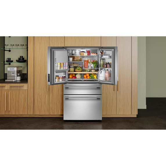 Kitchenaid® Réfrigérateur à portes françaises avec distributeur d’eau et de glaçons extérieur et tiroir réfrigéré pleine largeur FreshChill™ - 29 pi cu KRMF436SPS