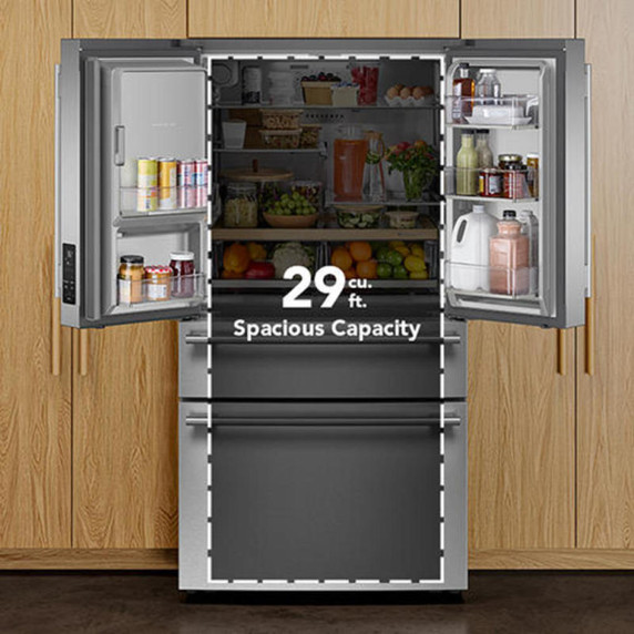 Kitchenaid® Réfrigérateur à portes françaises avec distributeur d’eau et de glaçons extérieur et tiroir réfrigéré pleine largeur FreshChill™ - 29 pi cu KRMF436SPS