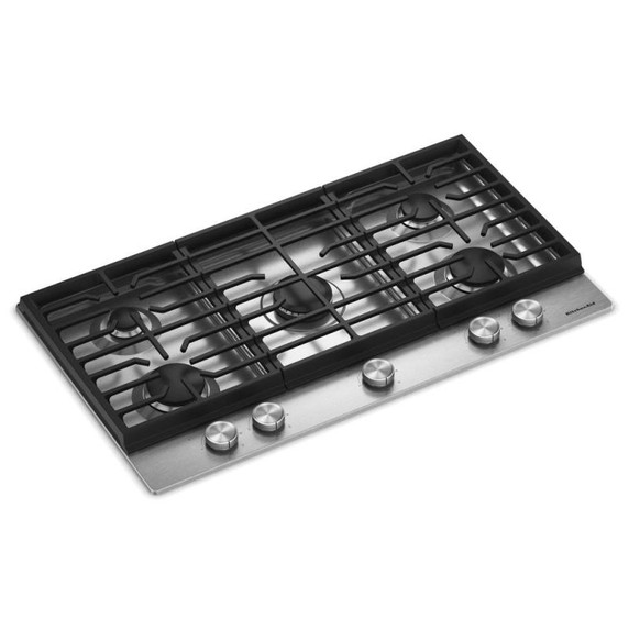 Kitchenaid® Table de cuisson au gaz à surface en métal avec 5 brûleurs polyvalents et des grilles en fonte continues KCGK336SSS