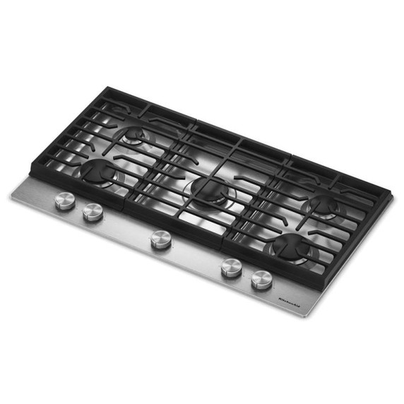 Kitchenaid® Table de cuisson au gaz à surface en métal avec 5 brûleurs polyvalents et des grilles en fonte continues KCGK336SSS