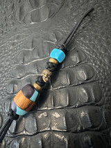 Black Mini Cord Lanyard with Blown Glass, Brass Skull, and Blue Swirl/Zebrawood Split Bead