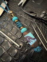Turquoise & Black Diamond Paracord Chief of War Knife Lanyard with Ironwood and Swirl Resin Bead