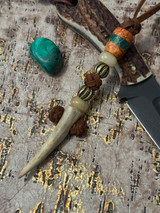 Traditional Elk Tine Leather Knife Lanyard with Handmade Amboyna Burl & Arizona Jade Tru-stone Bead Accented by Yellow Jade & Brass Spirals
