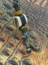 Handmade Ironwood and Gnarly Bark Antler Bead Knife Lanyard with Brass Tribal Spacers, Tiger's Eye, and Forest Camo Mini Cord