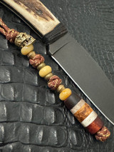 Brass All Seeing Eye Pirate Skull Bead Knife Lanyard with Handmade Koa Wood, Elk Antler, and Amboyna Burl Split Bead Accented by Yellow Jade