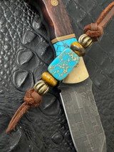 Leather Knife Lanyard with Hand Engraved Phesantwood Cross and Gold Web Turquoise Tru-Stone Bead Accented by Tiger's Eye and Brass Spiral Spacers