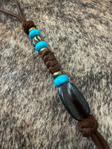 Leather Knife Lanyard with Handmade Jigged Bison Horn Bead Accented by Brass & Turquoise