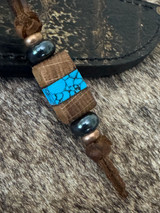 Whiskey Barrel and Black Web Turquoise Tru-Stone Leather Knife Nub with Copper & Hematite Accents