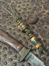 Whiskey Barrel, OD Green G10, and Brown Micarta Split Bead Knife Lanyard on Jungle Camo Cord with Jasper and Brass Accents