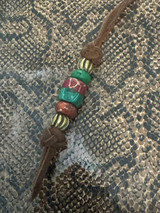 Leather Knife Nub with Red/Gold Web Tru-Stone and Malachite Tru-Stone Handmade Split Bead Accented by Brass Spirals, Red Jade, and Malachite Spacers