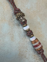 Two-Piece Stainless Skull and Brass Tiger's Head Mask Bead Knife Lanyard with Zebrawood, Mother of Pearl Resin, and Gold Web Tru-Stone Handmade Bead