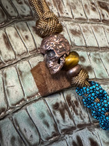 Cobra Wrap Collection Black Web Turquoise, WhiskeyBarrel, & Elk Antler Neapolitan Bead Lanyard with Engraved Copper Skull and Tiger's Eye