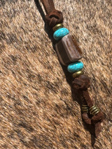 Traditional Leather Lanyard with Handmade Dark Ironwood and Gnarly Bark Antler Bead Accented by Turquoise & Brass