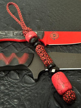 Handmade Red w/ Black Web Tru-Stone Bead Knife Lanyard with Faceted Black Accent Spacers with Red/Black Diamond Paracord
