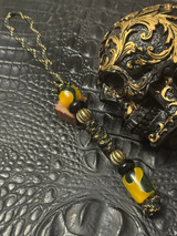 Black & Gold Reactive Paracord Lanyard with Yellow & Green Drip Resin Handmade Beads Accented by Brass Spiral Spacers & Onyx