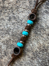 Leather Knife Lanyard with Turquoise, Copper Spacers, and 2 Charred Zebrawood Infinity Beads
