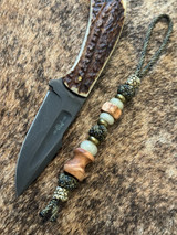 Jungle Camo Paracord Knife Lanyard with Sculpted Teak Wood Beads Accented by Brass, Yellow Jade, and Tan Camo Mini Cord Wrap