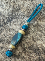 Teal Paracord Knife Nub with Dyed Maple Burl Wood Bead Accented by Picture Jasper, Copper, and Light Tan Mini Cord Wrap