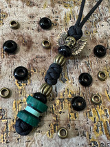 Winged Brass Skull Paracord Lanyard with Dyed Curly Maple, Black G10, and Tiffany Blue G10 Handmade Bead Accented by Onyx and Brass Spacers