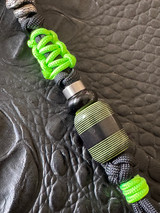 Stainless Coiled Snake Bead Knife Lanyard on Black 550 Cord with High Viz Green Mini Cord Wrap and Green/Black G10 with Black Carbon Fiber Split Bead Accented by Stainless and Onyx