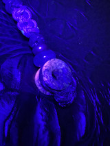 Glow In The Dark Spindle and Infinity Resin Bead Knife Lanyard on Black/Purple Paracord Accented by Purple Cobra Wrap, Amethyst, and Copper Spacers